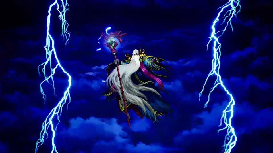 Ramuh raising his staff amid lightning in Square Enix’s official summon demonstration