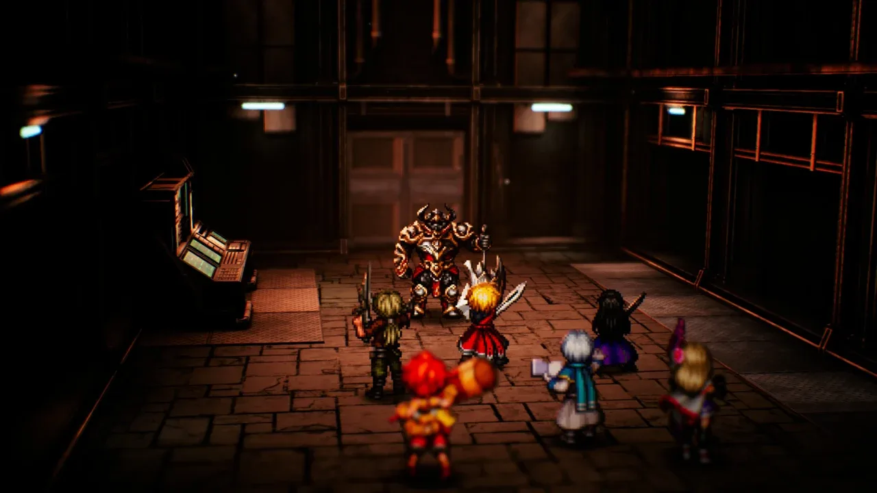 An armored warrior facing the party inside an industrial room