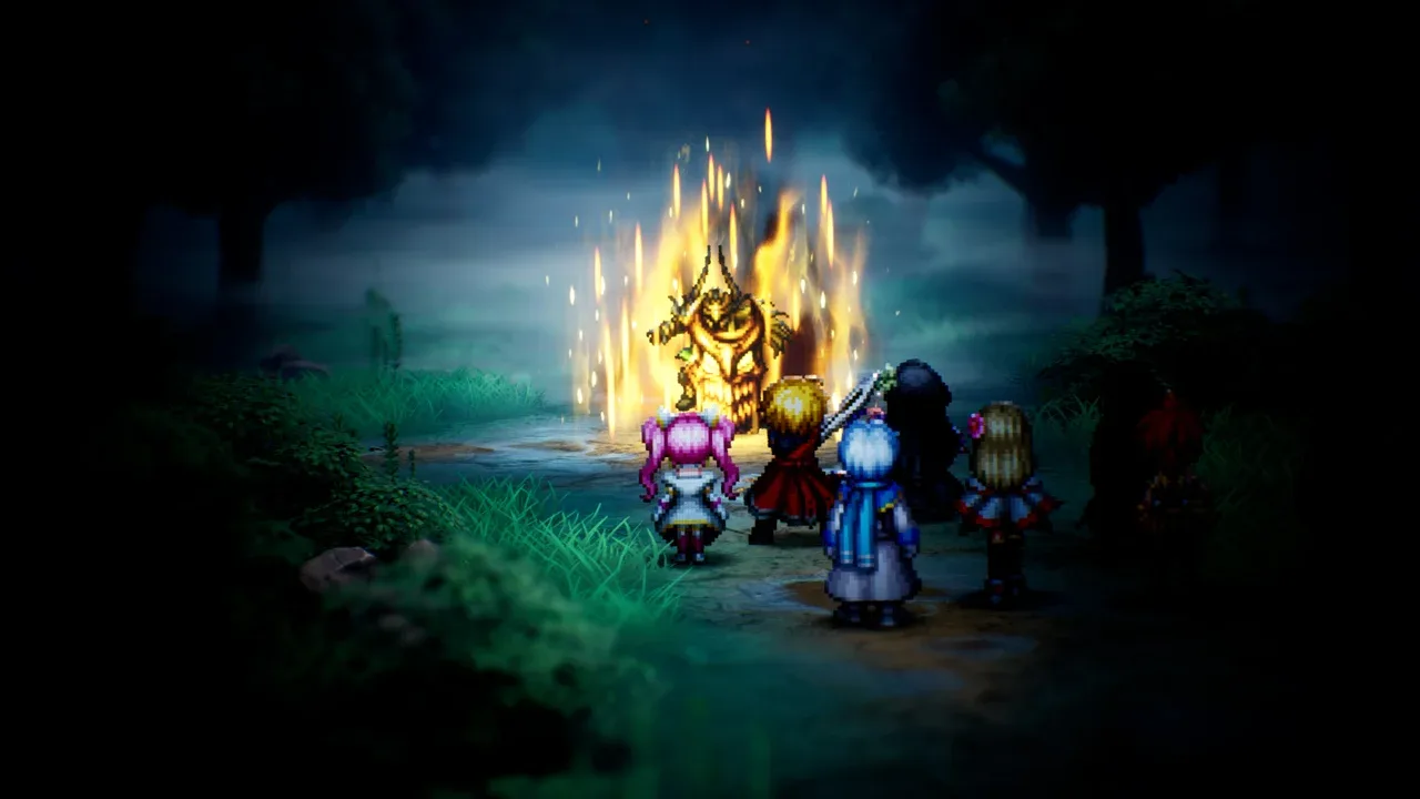 A golden armored warrior blocking the party in a forest clearing
