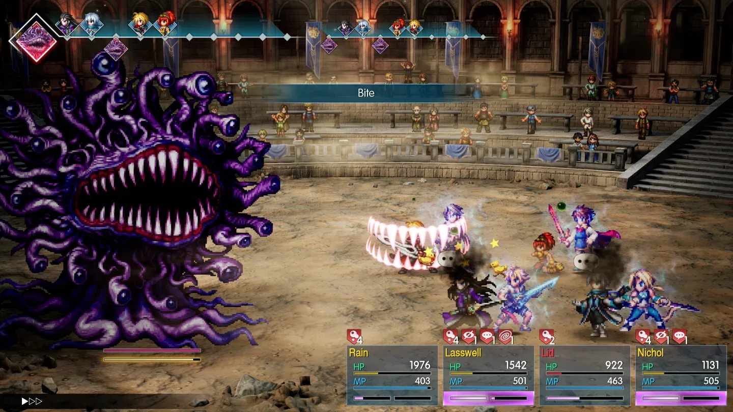 A purple Malboro-family enemy attacking the party in the Colosseum