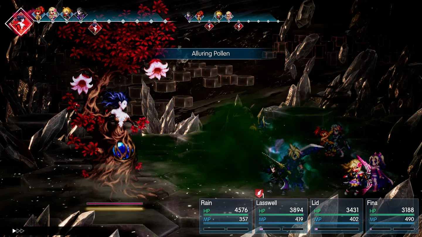 A tree guardian using Alluring Pollen while the party fights in a crystal-lined chamber