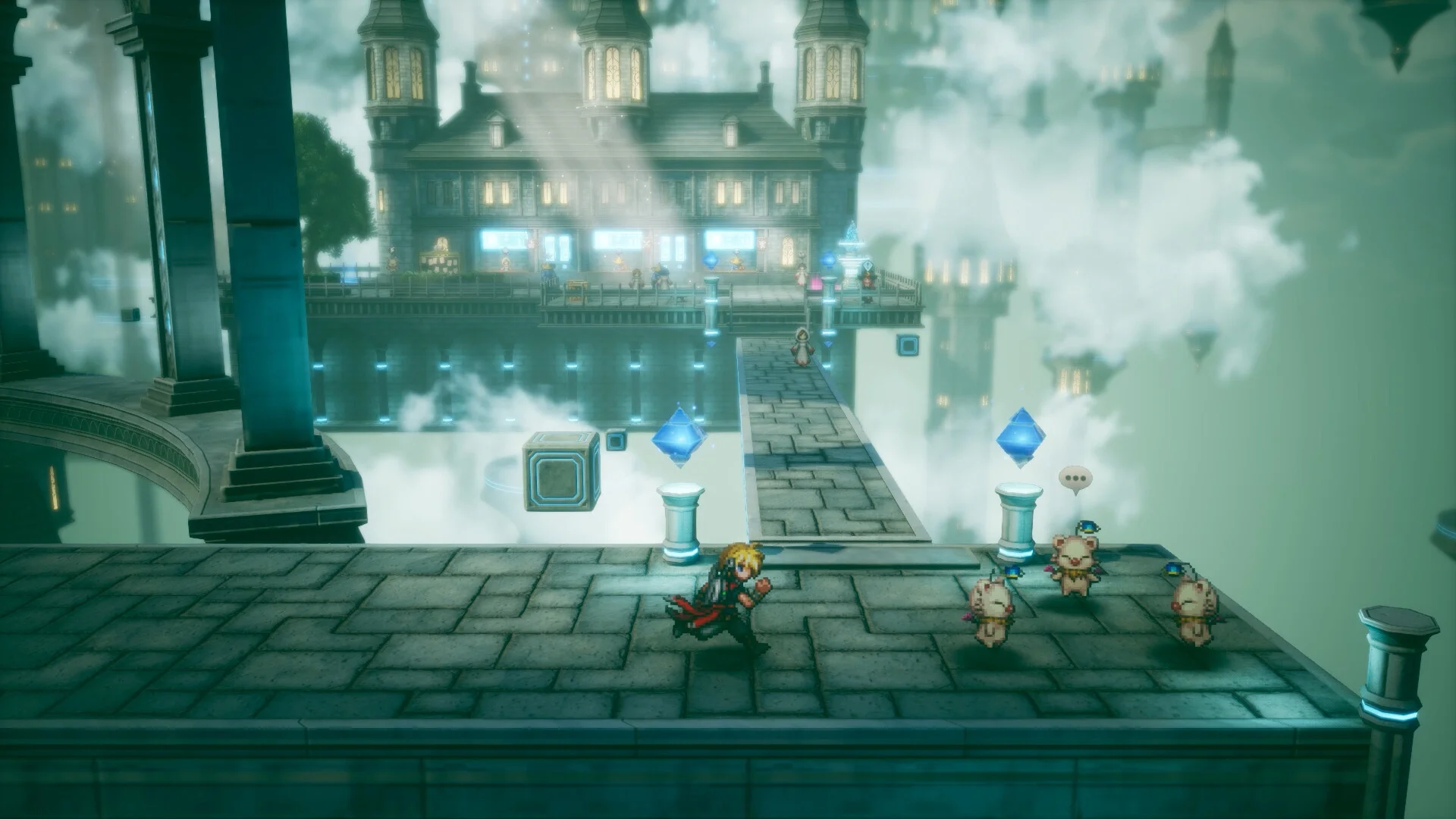 Rain exploring a crystal-lit city above the clouds in Final Fantasy Resonance