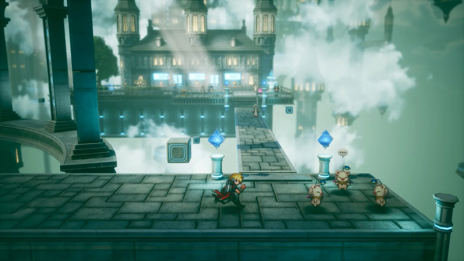 Rain and moogles in a crystal-lit city above the clouds