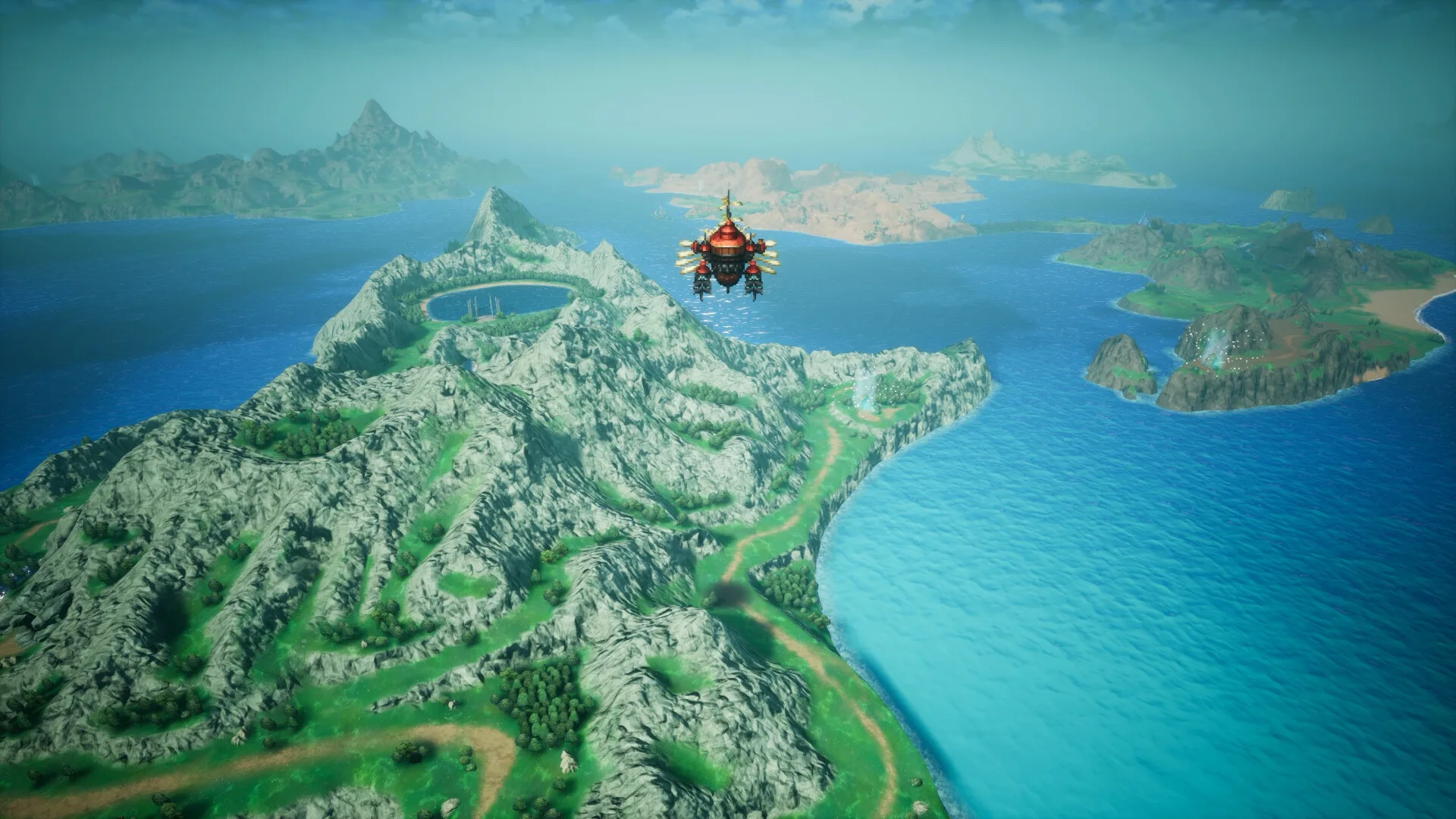 An airship above the islands of the world map