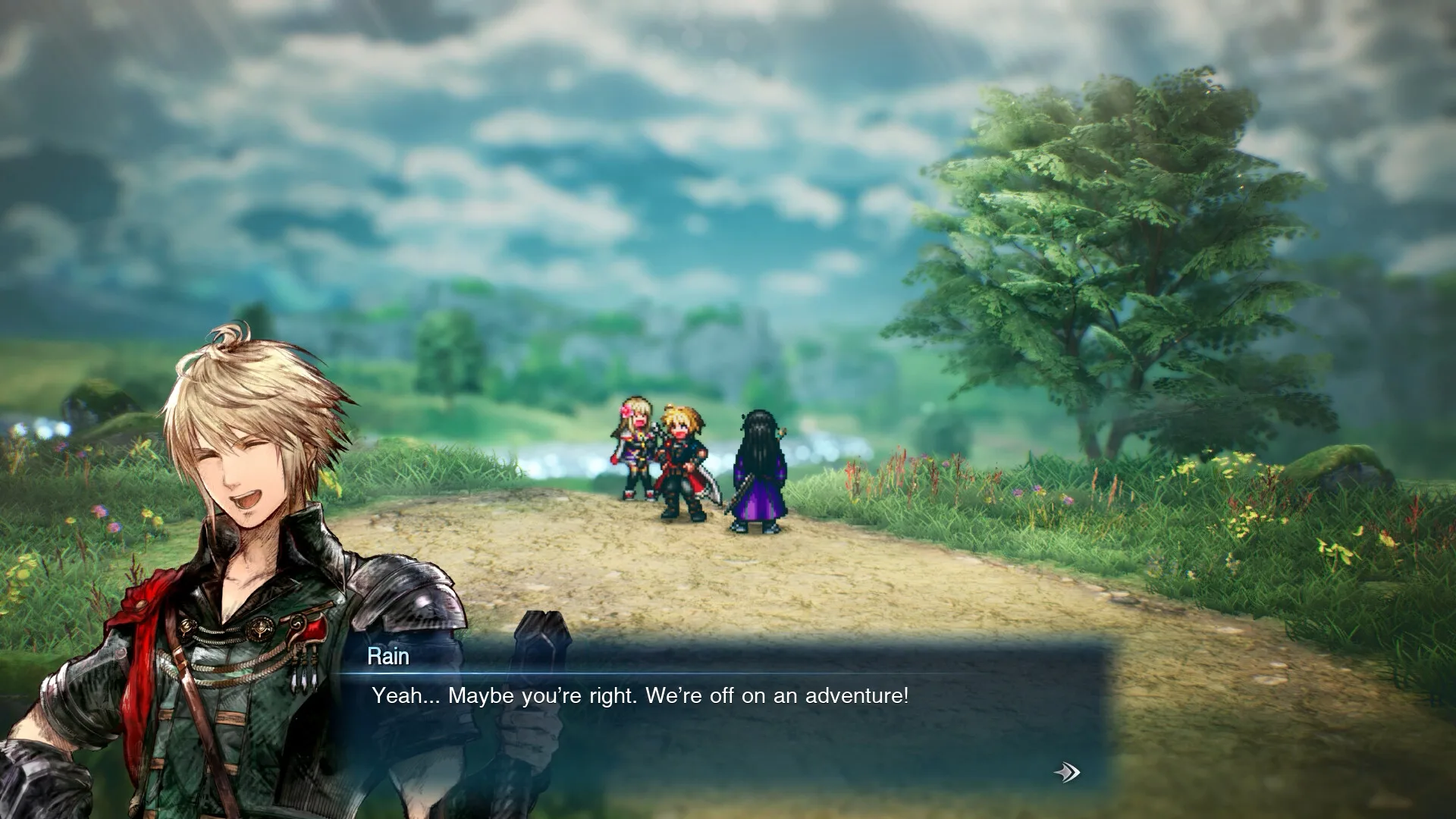 Rain speaking with Fina and Lasswell on a grassy road