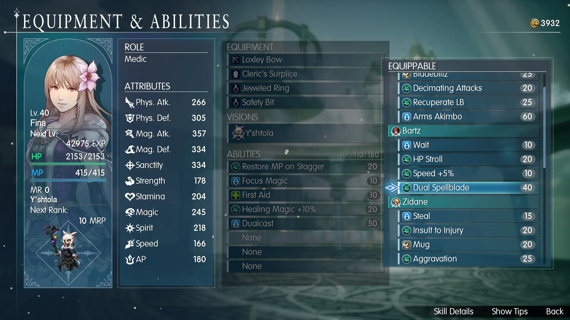 The equipment and abilities menu with Fina and an equipped Vision